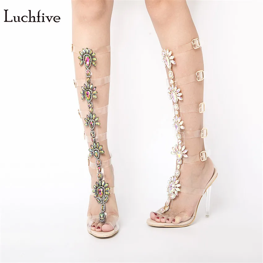 

women gladiator clear sandals bling bling diamonds bootie crystal high heel buckle strap transparent PVC women wedding sandals