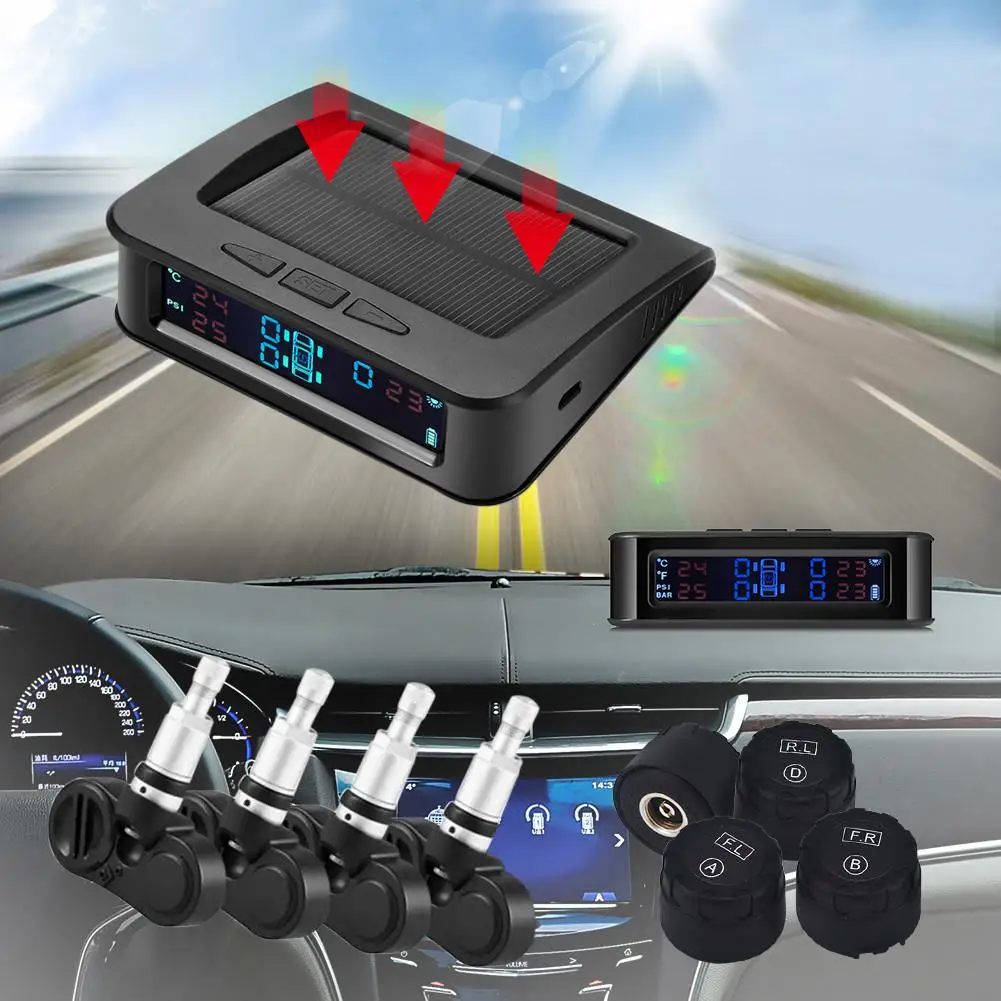 

Solar Energy Smart Car TPMS Tire Pressure Monitoring System Digital LCD Display Auto Security Alarm Systems with Sensor