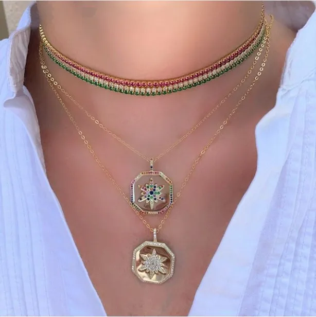 

Fashion Jewelry North Star Pendant & Necklace CZ cool square Necklaces For Women men party glossy rainbow CZ choker collars 2019