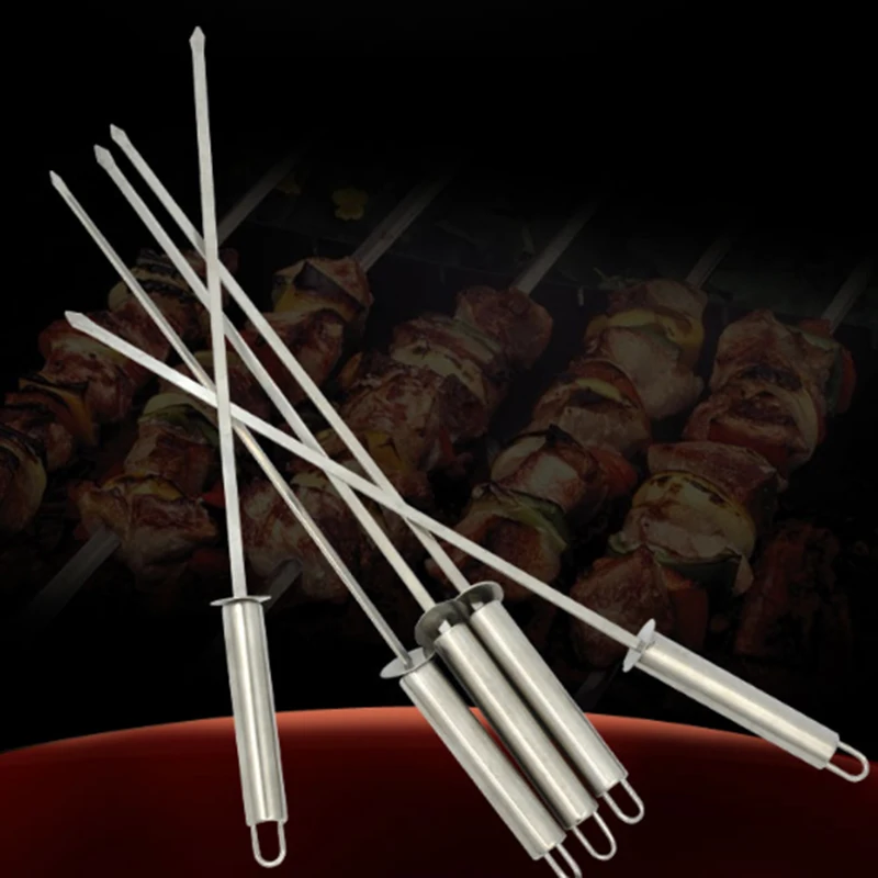 Stainless Steel BBQ Skewers with Food Remover Ring Portable Wide Barbecue Skewers Shish Kabob Sticks BBQ Accessories 43cm16.9'' (1)