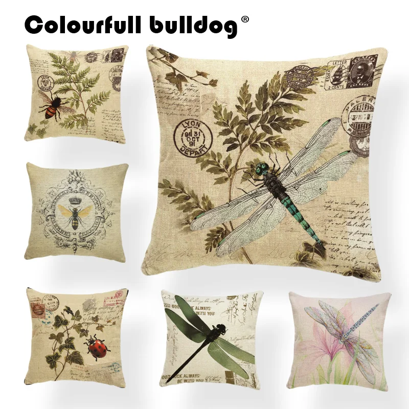 

Dragonfly Cushions Leaves Cover Pillows Blue Backyard Gift For Students Stamp Pillow With Cover Insect Butterfly 17.7Inch Burlap