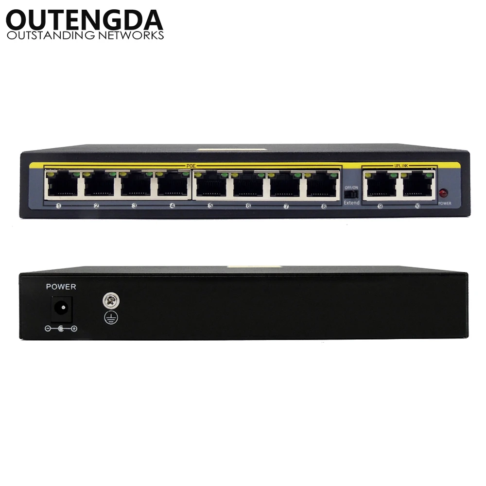 

250m 10-Port Extend Power over Ethernet Switch with 8 Ports PoE 2 Uplink 10/100Mbs IEEE802.3af/at PoE Switch 140W External Power