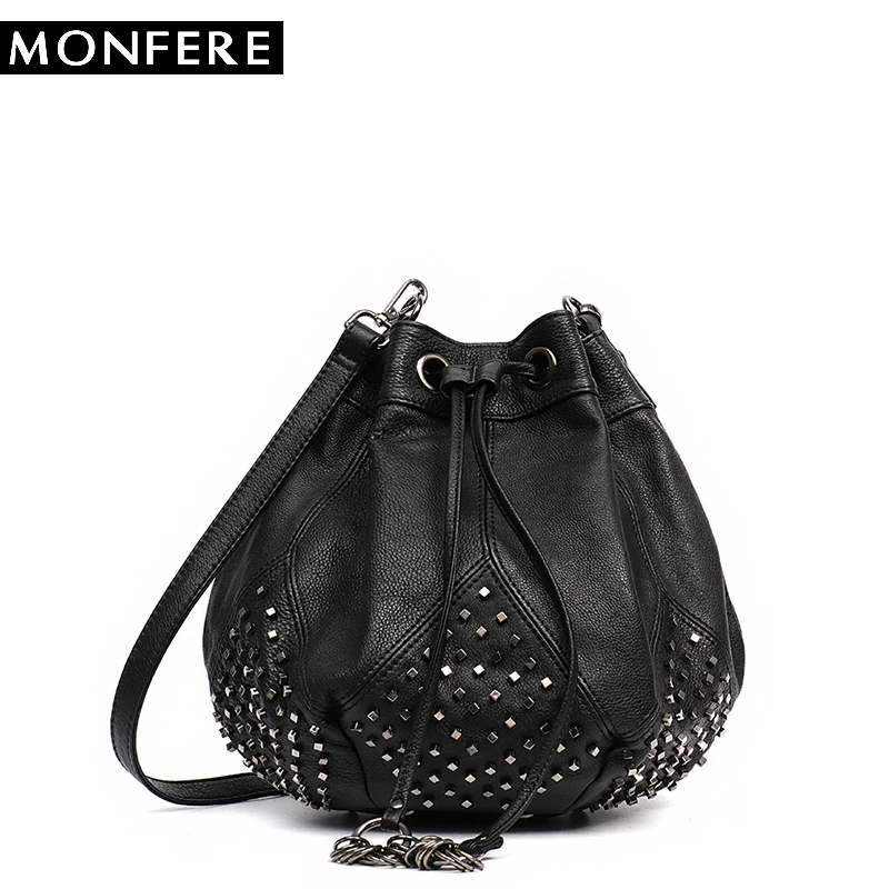 

MONFERE Big Fashion Leather String Bucket Bag Luxury Purses&Handbags Women Bags Designer Shoulder&Messenger Round Bag Trend 2018