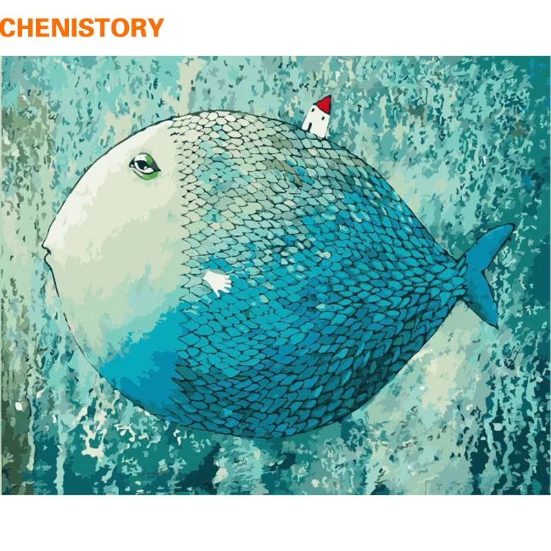 Tanio CHENISTORY niebieska ryba DIY malarstwo cyfrowe według