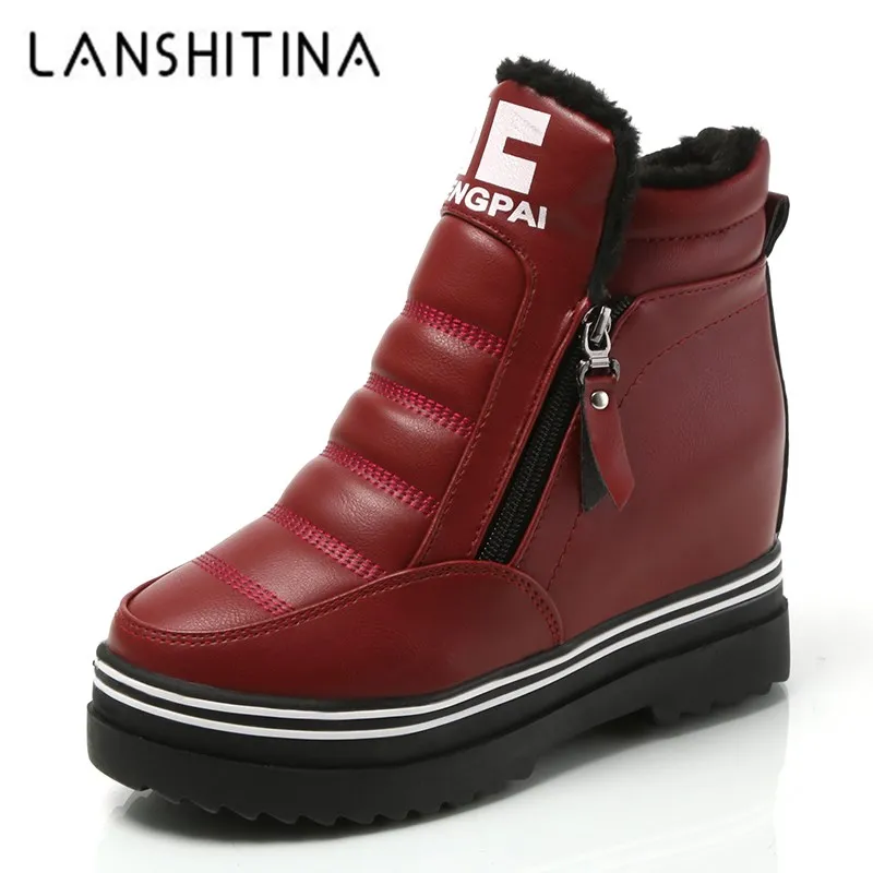 

2018 Women Winter Snow Shoes 8.5CM Wedge Heels Ankle Boots Woman Warmful Winter Fur Boots Platform PU Leather Shoes Botas Mujer