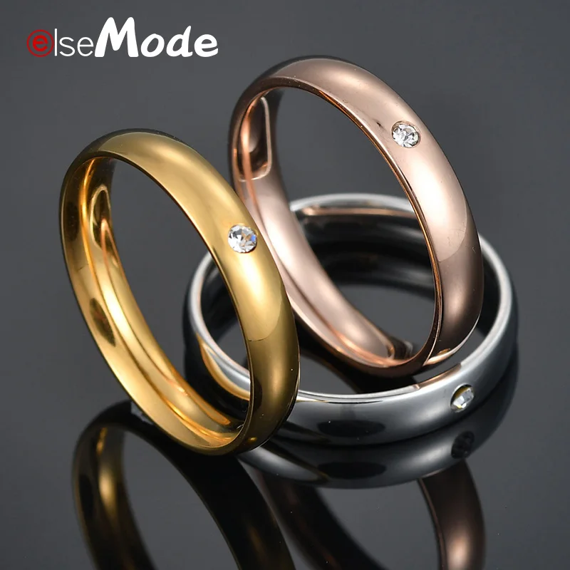 ELSEMODE Fashion 4mm Simple Zircon Crystal Wedding Engagement Rings Silver Gold Rose Gold For Women Girl Jewelry
