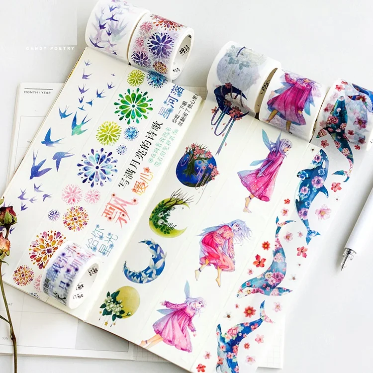 

10 Styles Whale/Girls/Drifting bottle/Moon/Mushroom/Bird Japanese Washi Tape Decorative Adhesive DIY Masking Paper Sticker Label