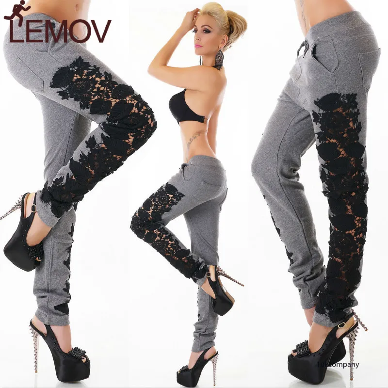 

LEMOV Elastic Cotton Spandex Fabric Yoga Pants with Drawstring Hollow Out Embroider Sport Fitness Full-length Leggings for Gym