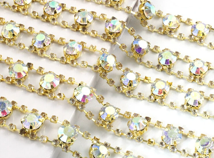 1 Yard Sparkle AB Rhinestones Crystals Gold Plated Ribbon Chain Trim