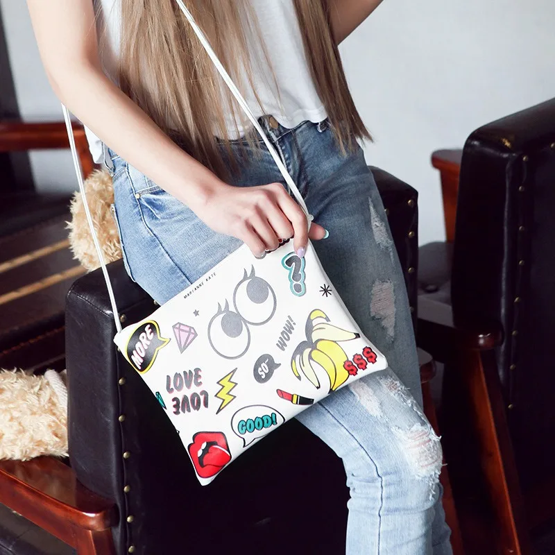 XZHJT Cartoon Graffiti Women Crossbody Bags PU Leather Shoulder Bag Fashion Zipper Messenge Bag Ladies Handbags Clutch Purse