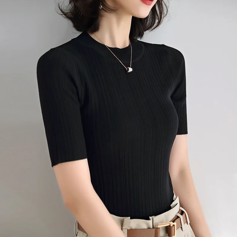 

Women Summer Textured Knitted Tops Crew Neck Short Sleeve Sweater