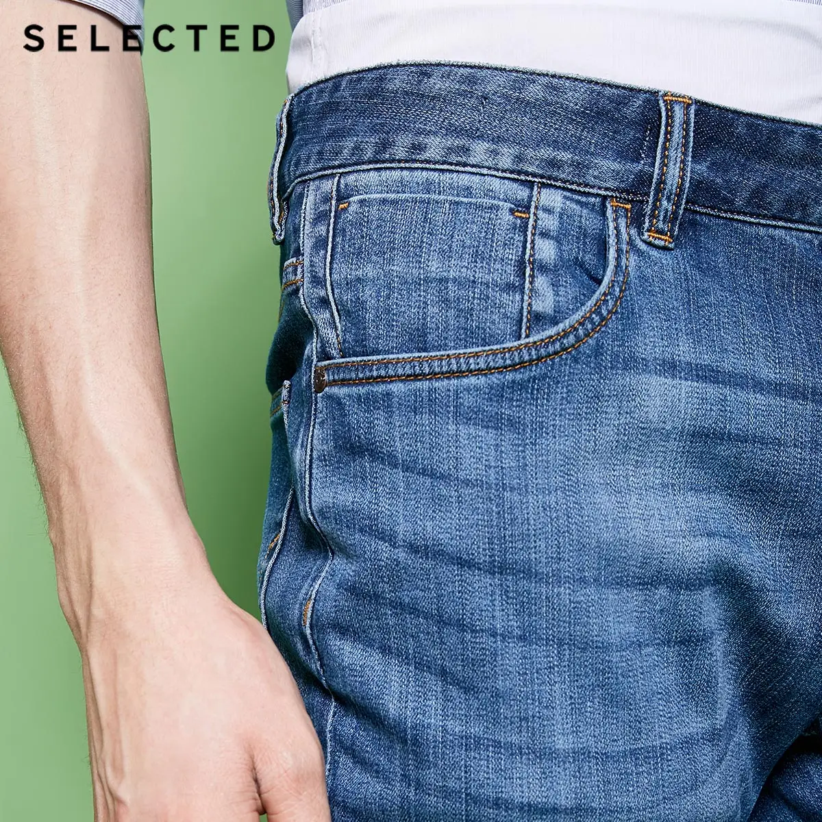 SELECTED Men's Cotton-blend Slight Stretch Whiskers Wash Effect Slim Fit Jeans C|418132525