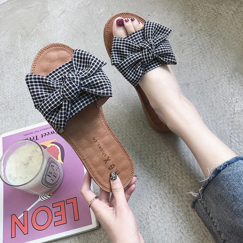 

Slippers Women Summer Socofy Shoes Flock Slides Butterfly-knot On A Wedge Med Soft Flat Luxury 2019 Sliders Beach PU TPR Wedges