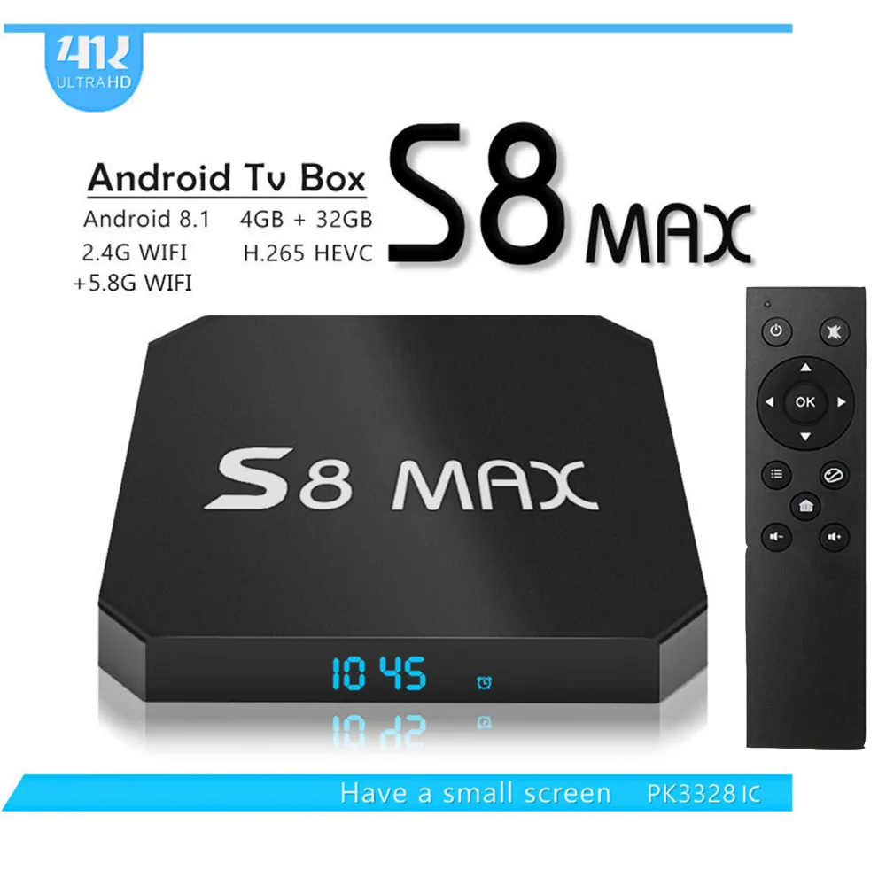 

2018 S8 Max+ Smart TV Box Android 8.1 RK3328 Quad-core 4GB/32GB Dual WiFi Bluetooth TV Box HD 4K Media Player Tvbox Set top Box