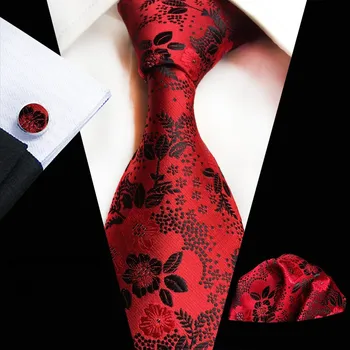 

Red Classic Flower Silk Ties Hanky Cufflinks Sets Jacquard Woven Tie