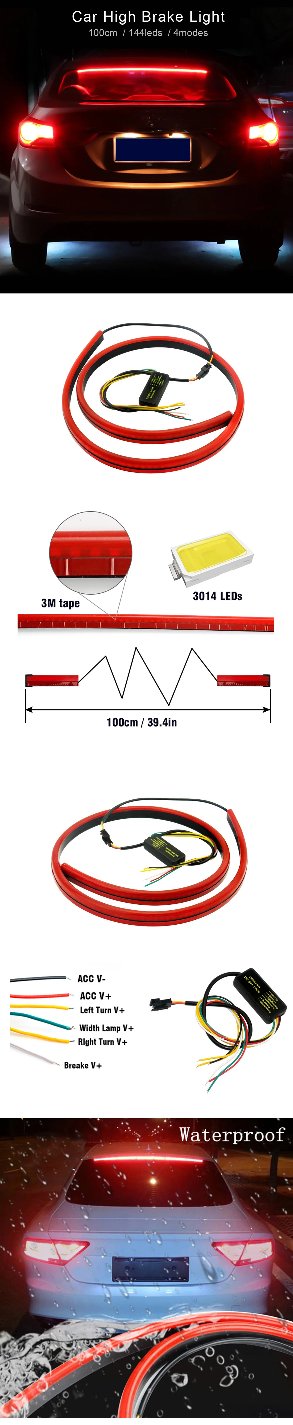 12V 100 см кабулк красный цвет, Unverisal автомобиля стоп светильник гибкий светодиодный высокое дополнительный упор светильник с Поворотные сигналы, функции