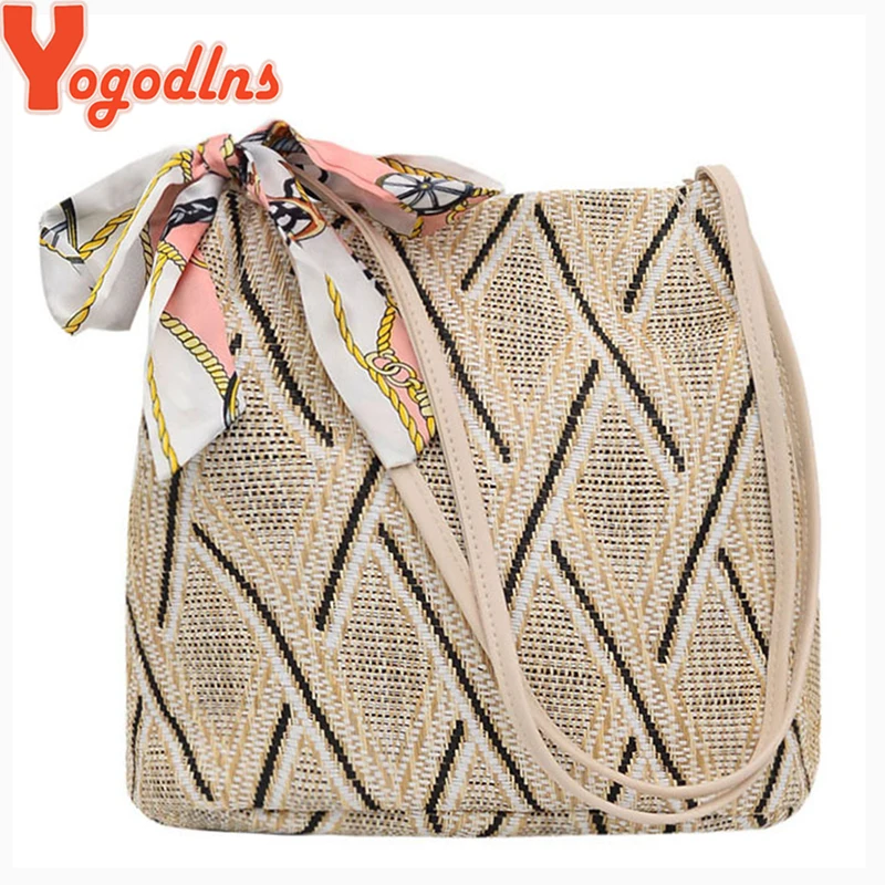 

Yogodlns Women Vintage Beach Straw Bag Ethnic Style Ribbon Messenger Bag fashion Korean version shoulder bag Summer Bucket Bag