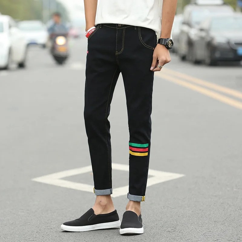 Men's Nine Points Jeans 2018 Spring Korean Version of New Men's Clothing  Color strip Small Feet Jeans Men Pencil Pants