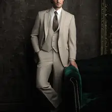 Индивидуальный заказ Высокое качество плоские бежевые костюмы строгий костюм; для жениха смокинг для мальчиков 3 предмета в комплекте бежевый Для мужчин костюм жениха одежда(куртка+ брюки+ жилет+ галстук-бабочка