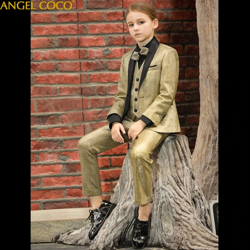 Golden Suit For Girls Single Button Girls Suits For Weddings Costume Enfant Garcon Mariage Boys Blazer Jogging Garcon 5pcs/Set Golden Suit For Girls Single Button Girls Suits For Weddings Costume Enfant Garcon Mariage Boys Blazer Jogging Garcon 5pcs/Set
