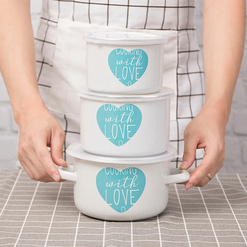 

3pcs Enamel pot bowl Cartoon Letter cooking pan for keeping fresh bowl Refrigerator Storage Bowl Porcelain enamel