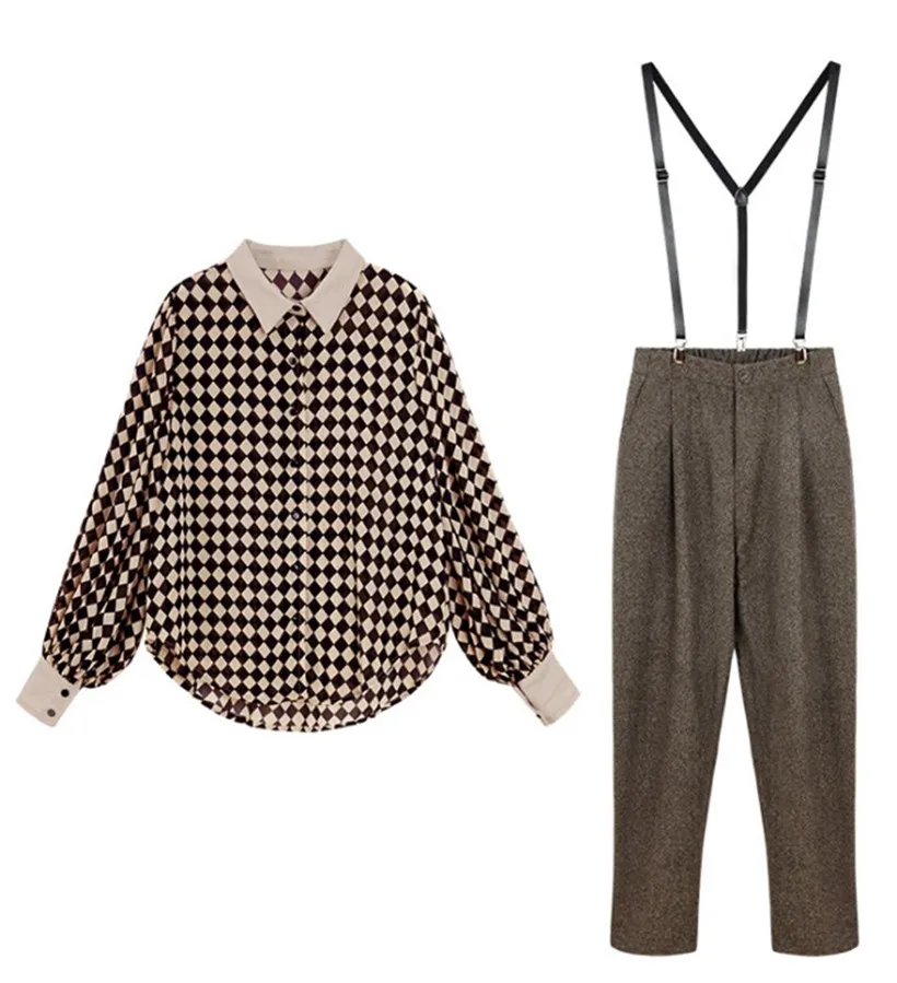 

England Style clothing set Women Spring Autumn Lantern Sleeve OL Plaid Shirts blouses + Woolen Harem Trousers pants suits NS212