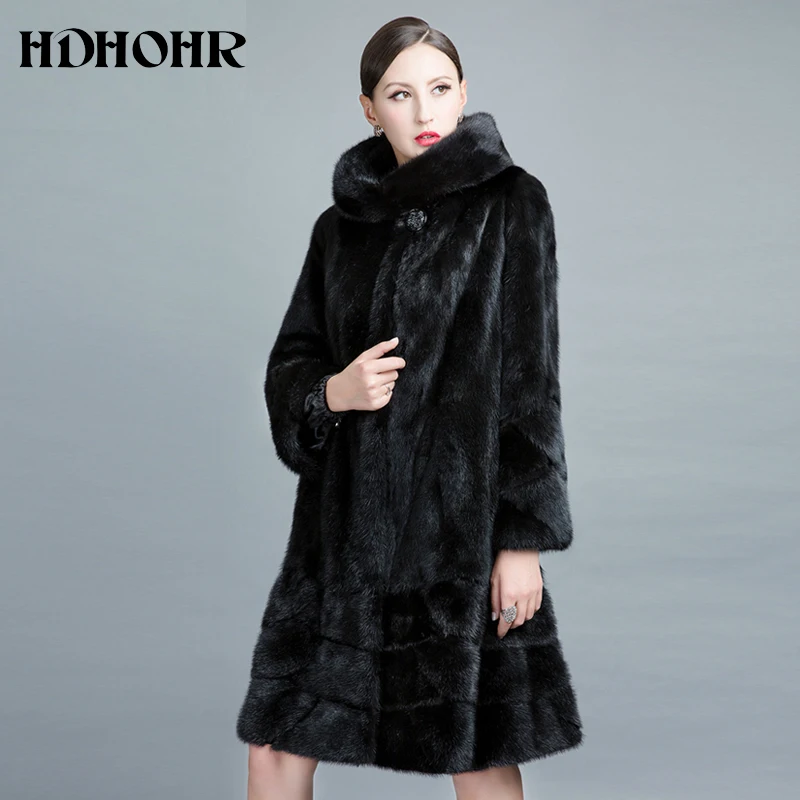 HDHOHR 2020 Высококачественная натуральная норковая шуба женская Длинная с капюшоном
