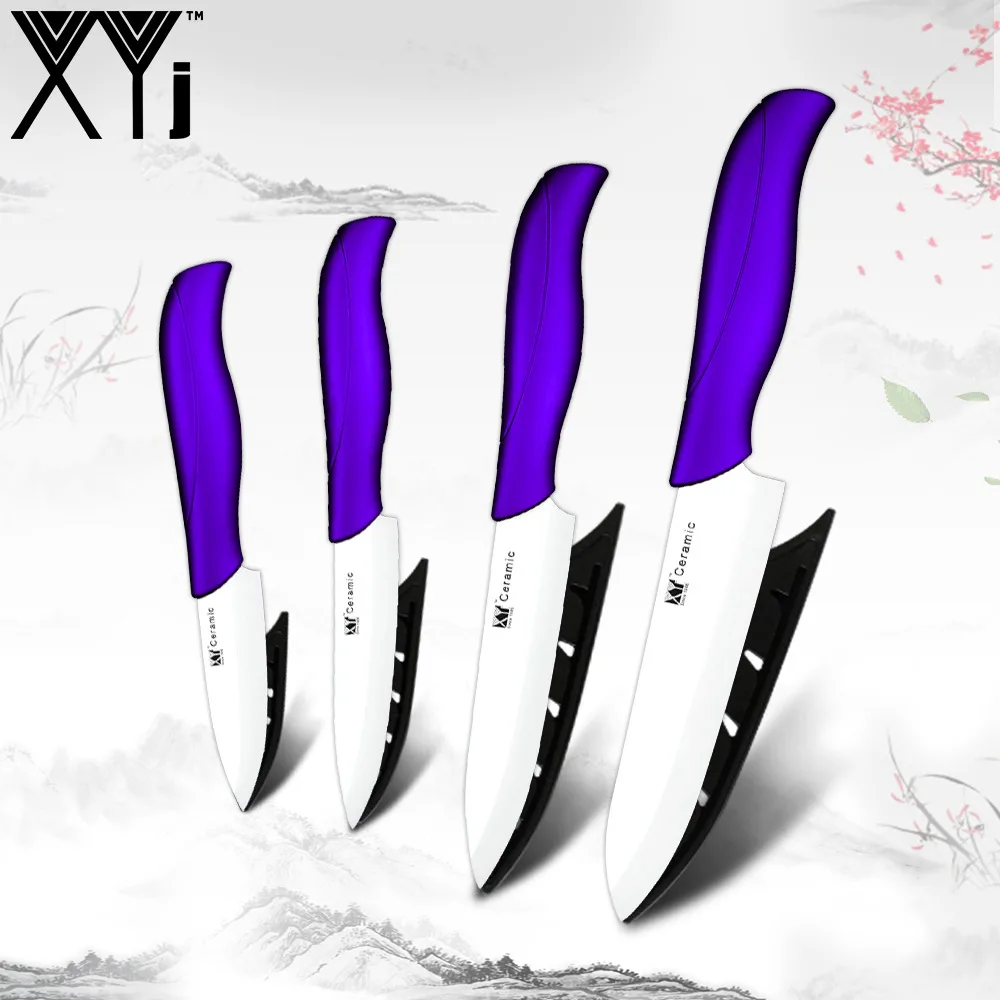 XYj Горячая цена Керамический кухонный нож набор 4 шт. набор шеф-повара кухонный нож супер острый Цирконий лезвие ABS+ TPR ручка нож - Цвет: Purple H White Blade
