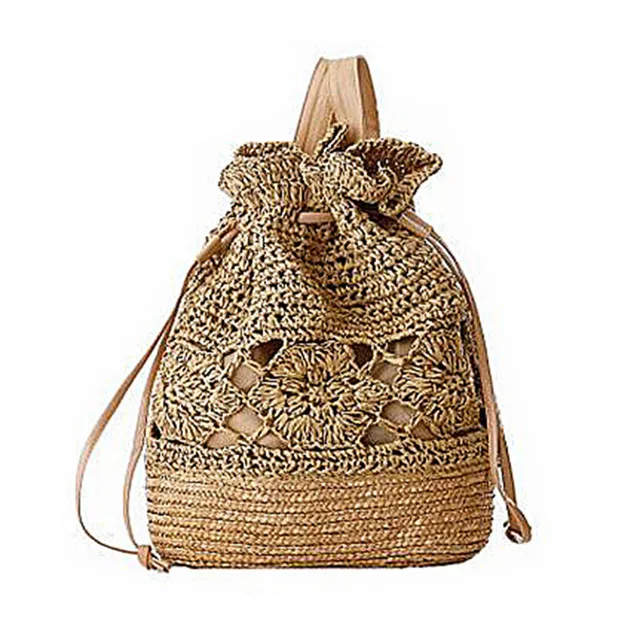 New Drawstring Straw Beach Bags Female Handmade Fashion Printing Travel Backpack Summer Fresh Floral Double Shoulder Bags B535 3