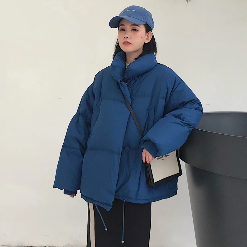 Ideal Korean Style 2019 Winter Jacket Women Stand Collar Solid Black White Female Down Coat Loose Oversiz