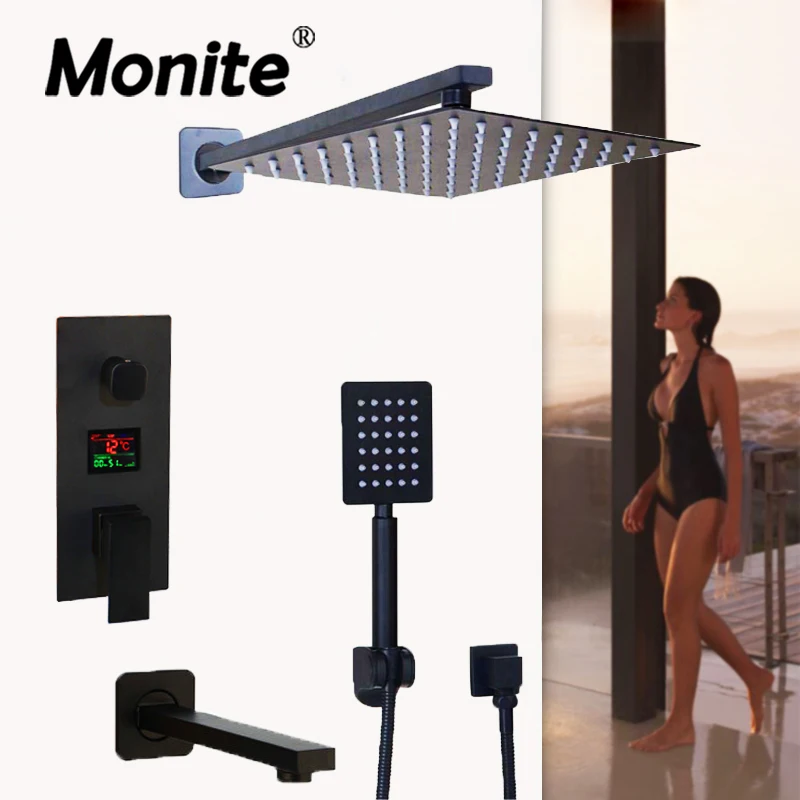 Monite Black Brass Shower Head 2-ways Digital Display Mixer Taps Bathroom Shower Faucet 3-Functions Digital Shower Faucets Set