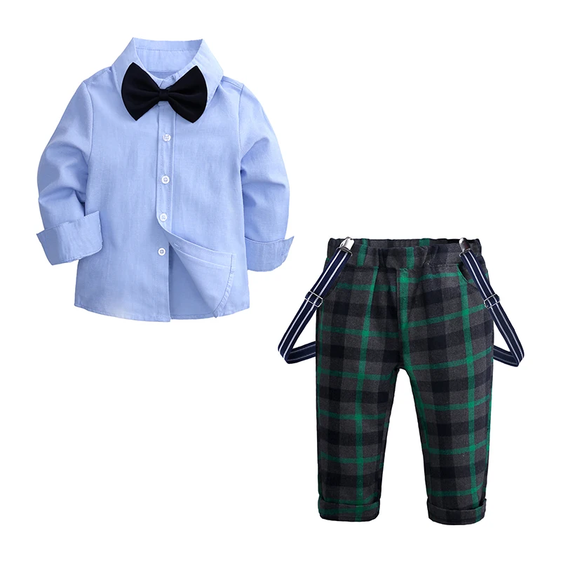 fashion 2018 kid boy clothes set blue shirt+pant plaid+tie 3 piece straps suit party costume autumn outfit for 2-6Y child boy