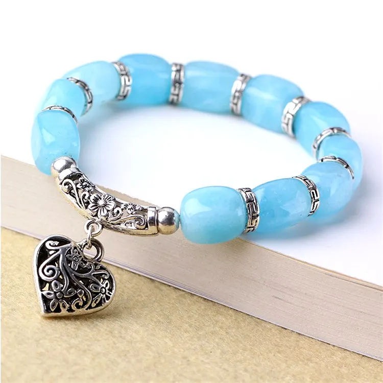 10 мм Старинные Azurlite Браслет Тибетский Серебряный Сердце Натуральный Камень Для