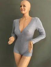 Fall Women’s Sexy Slim Short Cotton Knitted Bodycon Bandage Jumpsuit Bodysuit with Long Sleeve and V-Neck One-Piece