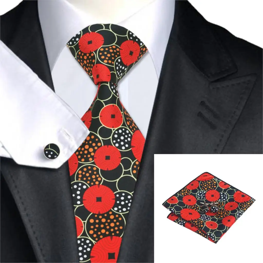 C 1263 Black Mens Ties with Red Mens Designers Fashion Neck Ties Handkerchief Cufflinks Fashion