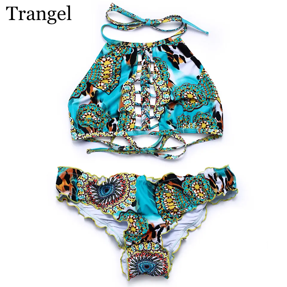 

Trangel 2017 halter swimsuit women bikini sexy summer vintage print bikini set high neck bathing suit pattern bikini