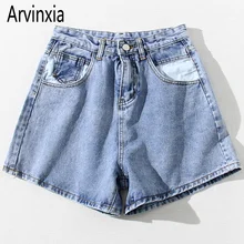 Arvinxia Мода карман деним женские с высокой талией короткие джинсы Молния Fly пикантные уличная прямые Лоскутные леди HotPants