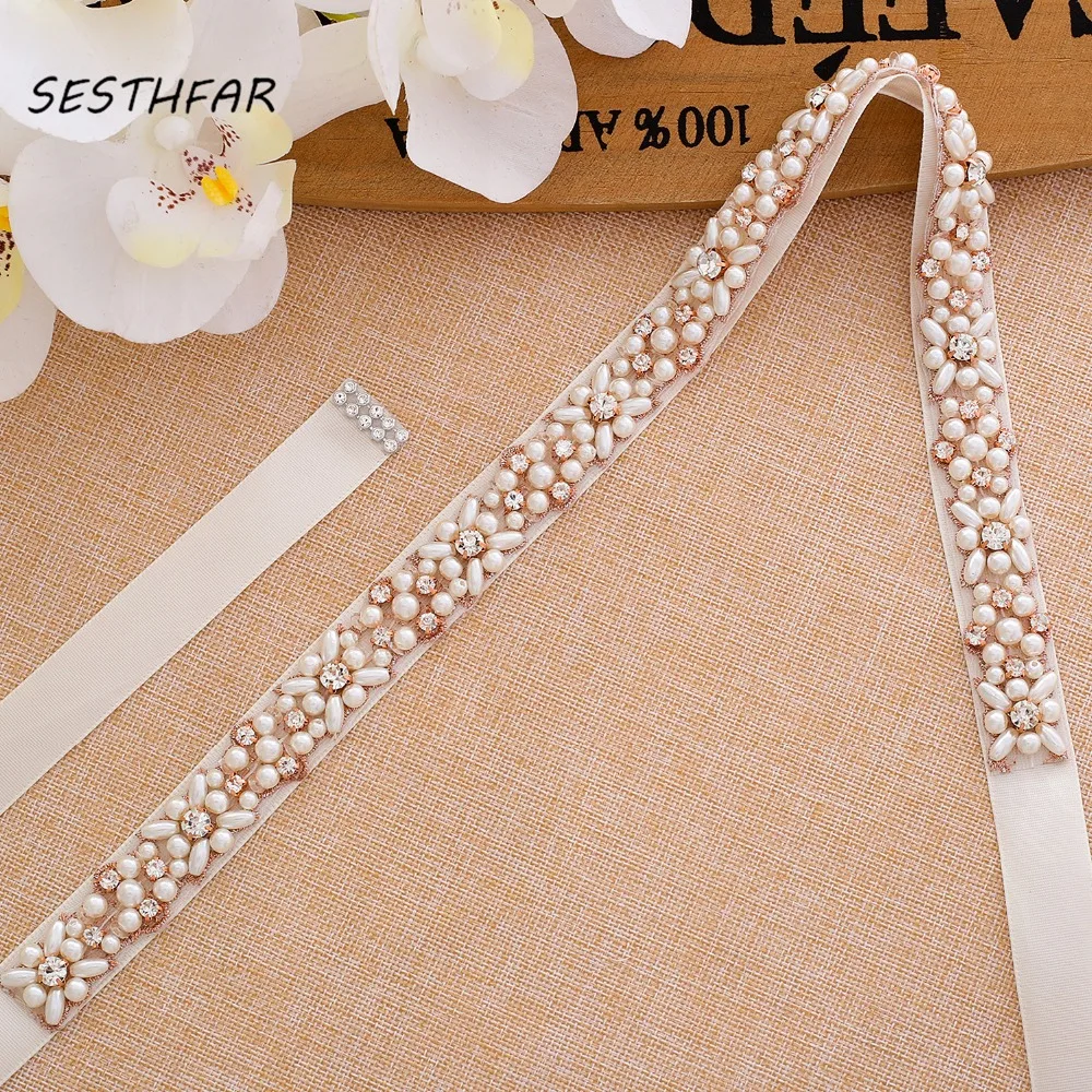 

Pearls Wedding Belt Handmade Crystal Bridal Sash Simple Rose Gold Rhinestones Bridal Belt Sash For Wedding DressesJ133RG