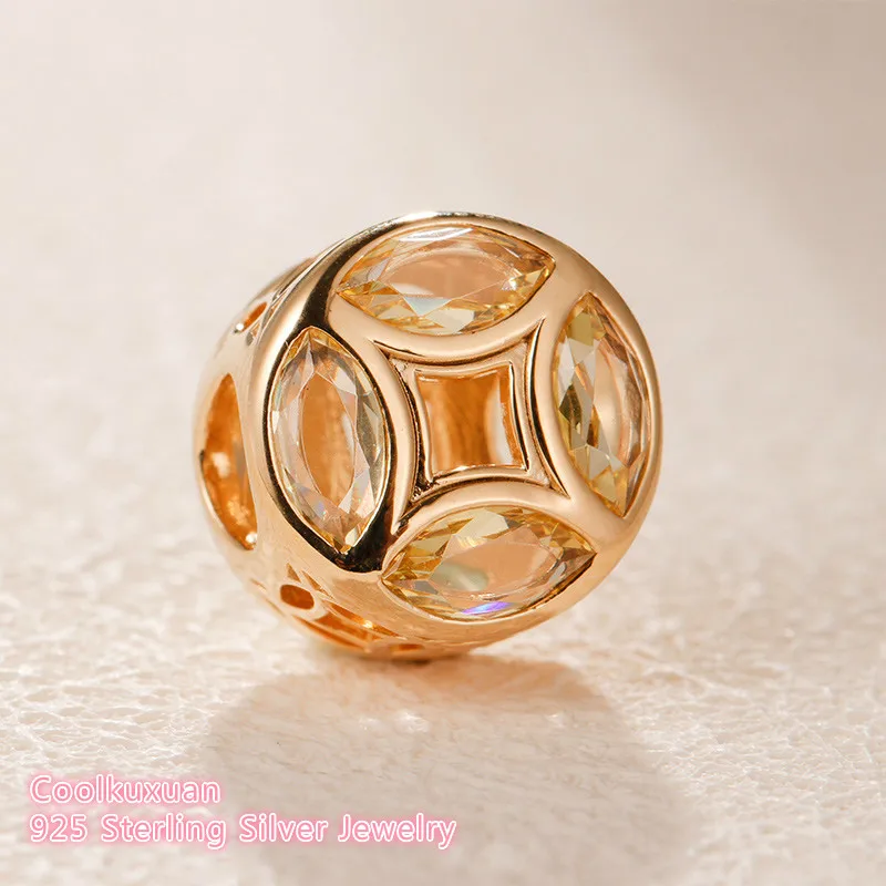 

Valentine's Day Original 925 Sterling Silver Good Fortune Coin Charm, Sunshine Yellow CZ beads Fit Brand Charms Bracelet