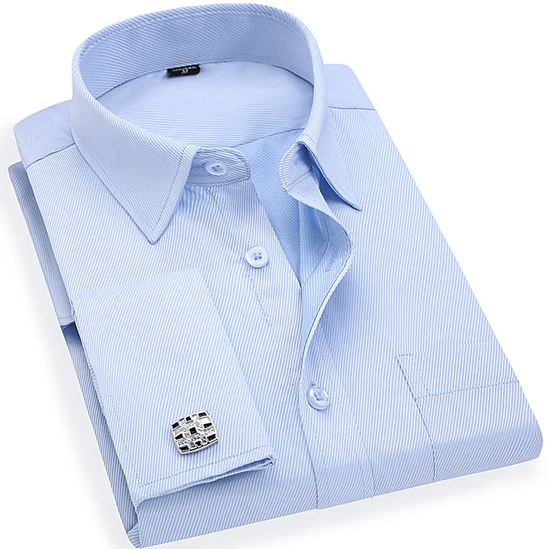 Men 's French Cufflinks Business Dress Shirts Long Sleeves White Blue