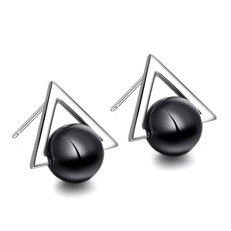 

100% 925 sterling silver wholesale Triangle black rhinestone ladies`stud earrings jewelry female women Christmas gift