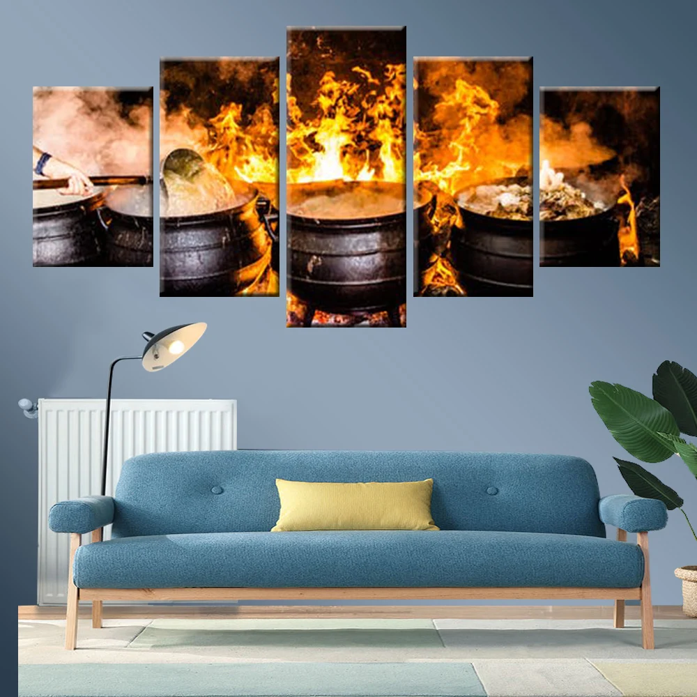 HD Print 5 Panel Canvas Painting Restaurant Kitchen Wall Art Fire Cooking Poster Home Decoration Mural | Дом и сад