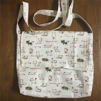 

YILE White Cotton Linen Flap Messenger Bag Cross Body Strap Magnet Snap Cat 525-2