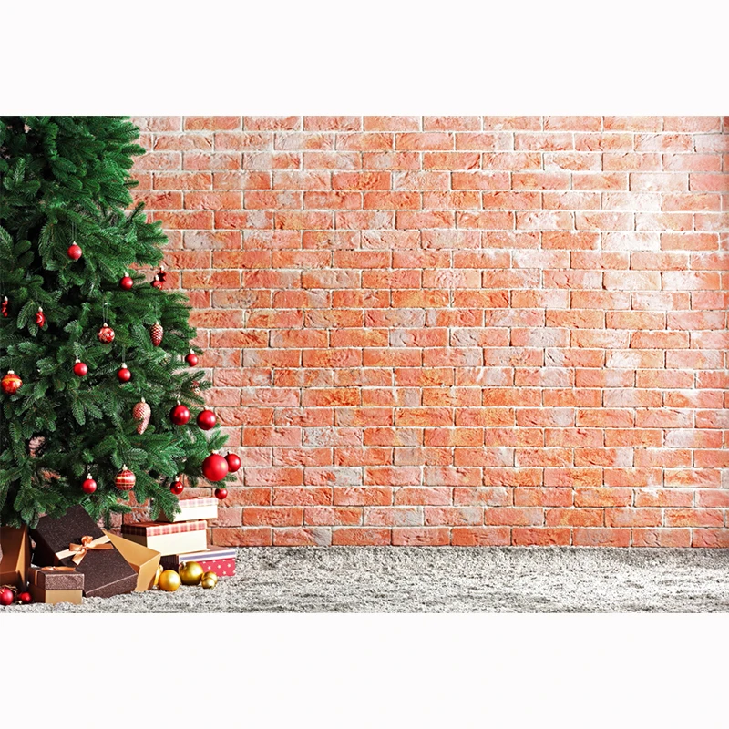 HUAYI custom red brick backdrop for christmas photography grey carpet floor trees gift boxes baby newborn background XT-5997