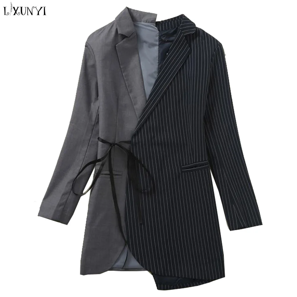 

LXUNYI Ladies Blazers Jacket 2019 Spring Coat Women Asymmetric Striped Patchwork Long Blazer Runway Casual Women's Suit Coat