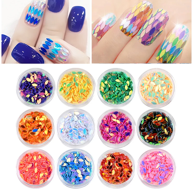 

12 Pcs Nail Art Glitter Sequins Leaf Design Symphony Oval Holo 3d AB Laser Mermaid Nail Accessories DIY Nail Decorations