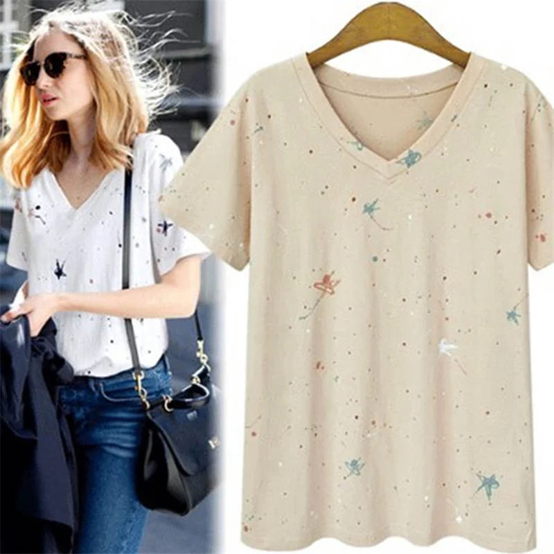 

New Women Tops Tees 2018 Summer Women Casual Print T-shirt V-neck Femininas Short Sleeve T shirt Female Plus Size C102