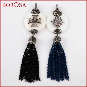 

BOROSA White Shell Tassel Beads Pendant,CZ Micro Pave Cross/Star Pattern Round Shape Pendant Jewelry for Necklace DIY JAB823