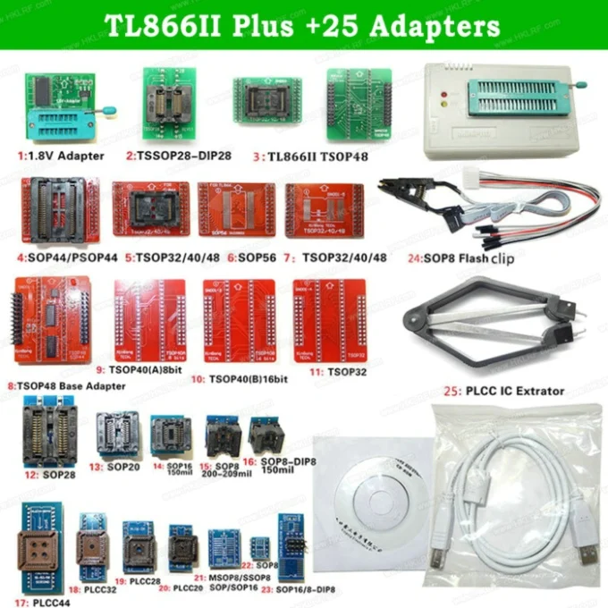 TL866II плюс USB программатор поддержка 15000+ IC SPI Flash NAND EEPROM MCU PIC AVR Замена TL866A TL866CS+ 25 шт. адаптеры - Цвет: TL866II 25 Items