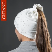 CNTANG Women Rhinestones Velvet Hats Winter Warm Fashion Tied hair Ponytail Hat For Female Autumn Flannel Caps Skullies Beanies 1